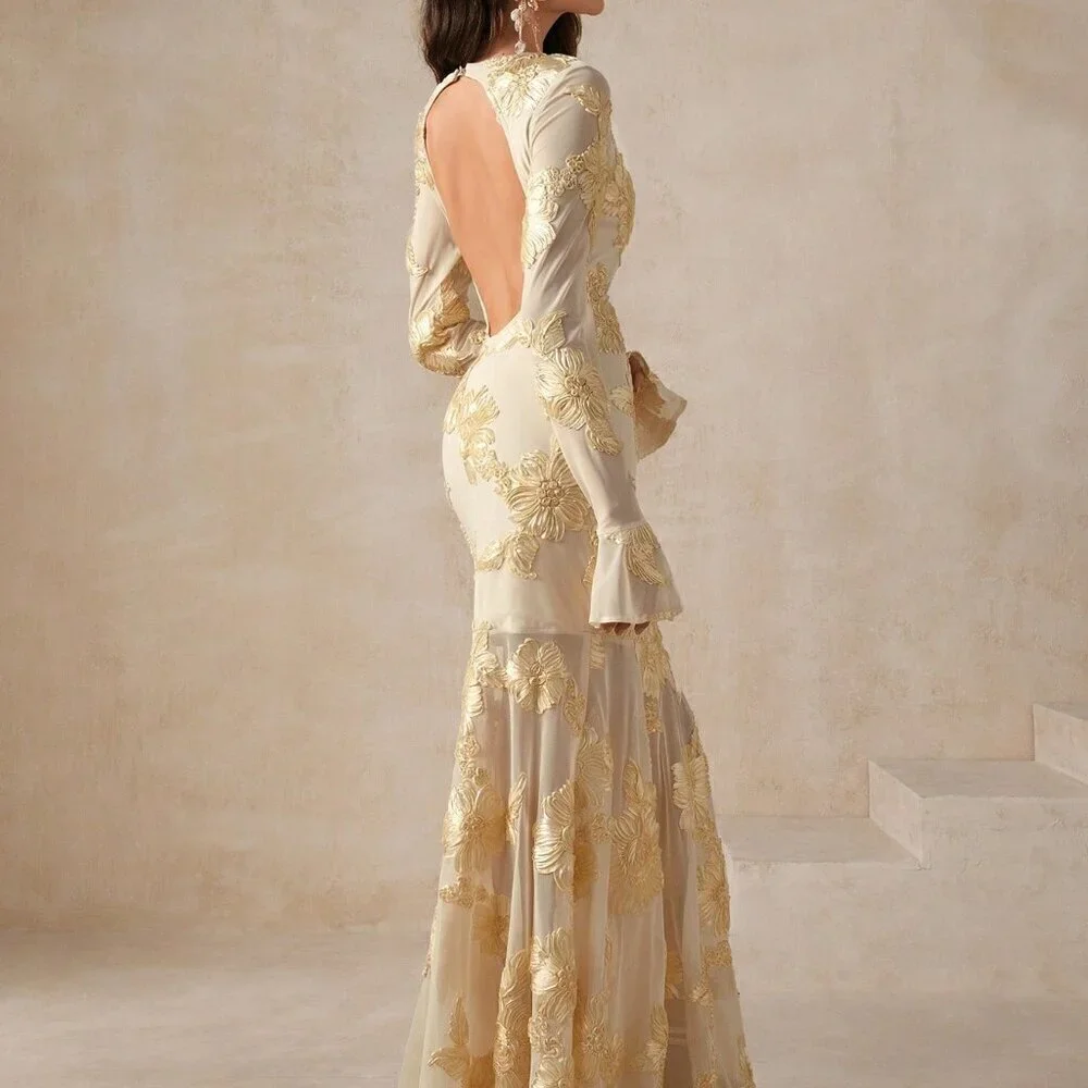Apricot Elegant Women's Floral Embroidered Backless Fishtail Dress